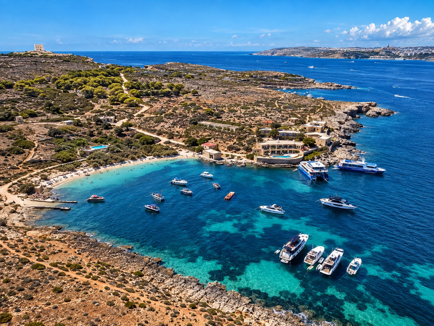 Aerial view of a Mediterranean bay in Malta